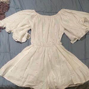 White Off the Shoulder Romper - pearl detailing